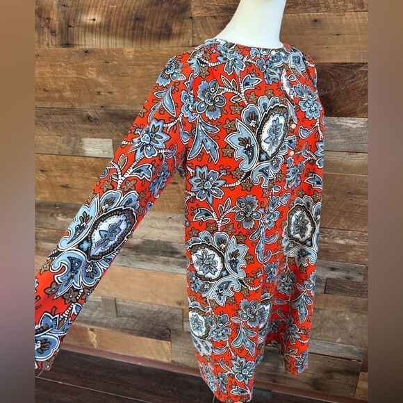 Loft-Anne Taylor Red Blue Brown Floral Long Sleeve Smock Tunic-Henley style sz L - Picture 5 of 16